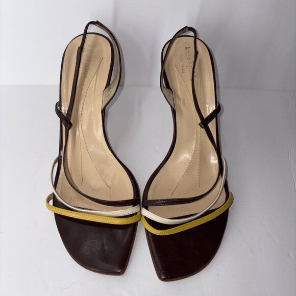 KATE SPADE CHOCOLATE YELLOW WHITE LEATHER CAGE SLINGBACK SANDALS ITALY Size 10 - Picture 1 of 10